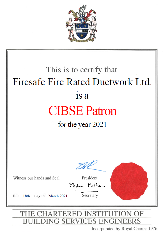 Firesafe fire rated ductwork certificate from CIBSE patron