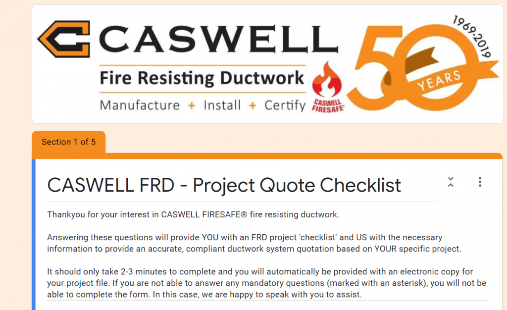 Screenshot of Caswell FRD project quote checklist